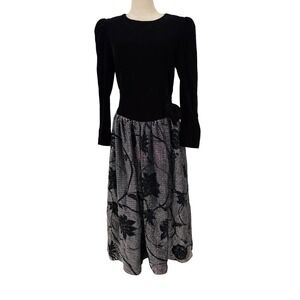 Vtg Cachet By Bari Protas Black Velvet & Metallic Silver Floral Skirt Dress Sz M
